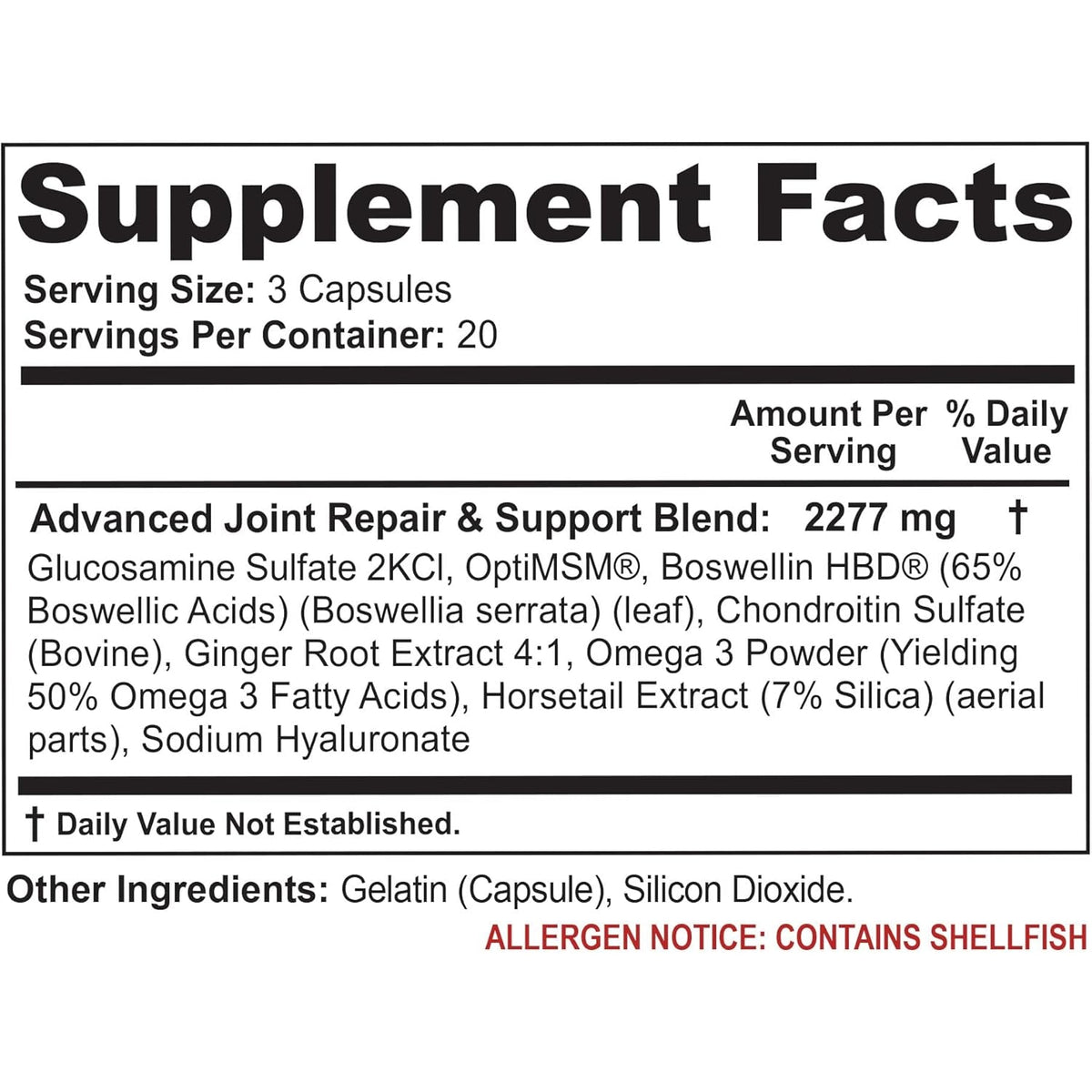 Joint Health & Support Supplement with Glucosamine Sulfate, Chondroitin, Hyaluronic Acid & MSM for Joint Support, Cartilage & Flexability, 60 Capsules