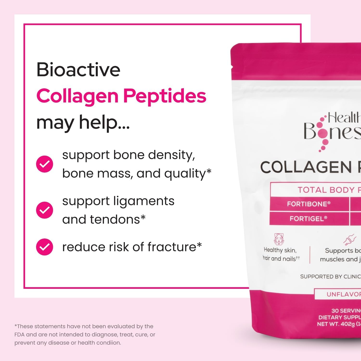 FORTIBONE® Premium Bone Health Collagen Peptides W/Fortigel®, VERISOL®, TENDOFORTE® | Clinically-Supported for Bones Joints Skin Hair Nails | Hydrolyzed Collagen Anti-Aging Formula | 30 Servings