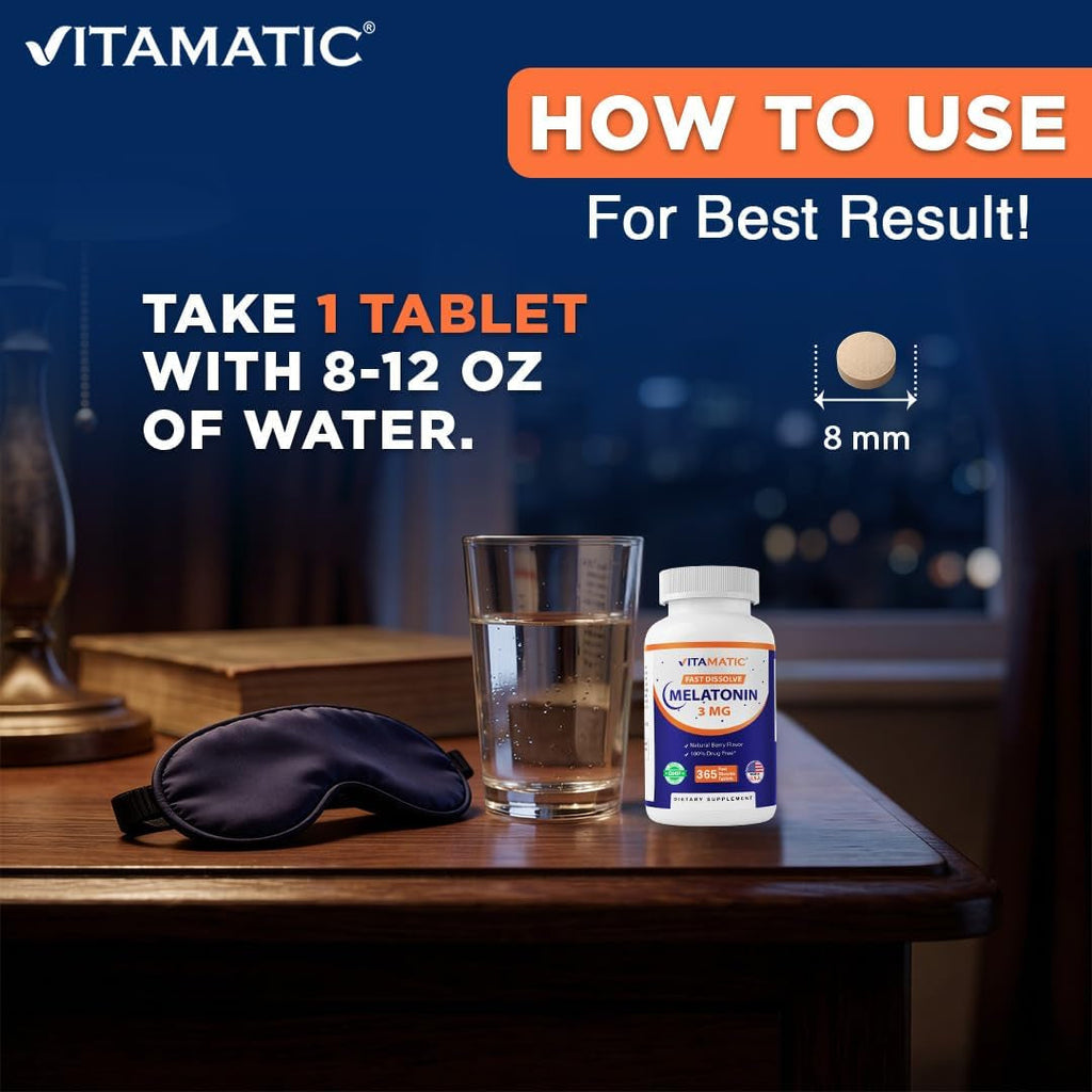 Vitamatic Melatonin 3Mg Tablets | Vegetarian, Non-Gmo, Gluten Free | 1 Year Supply | Natural Berry Flavor - 365 Tablets