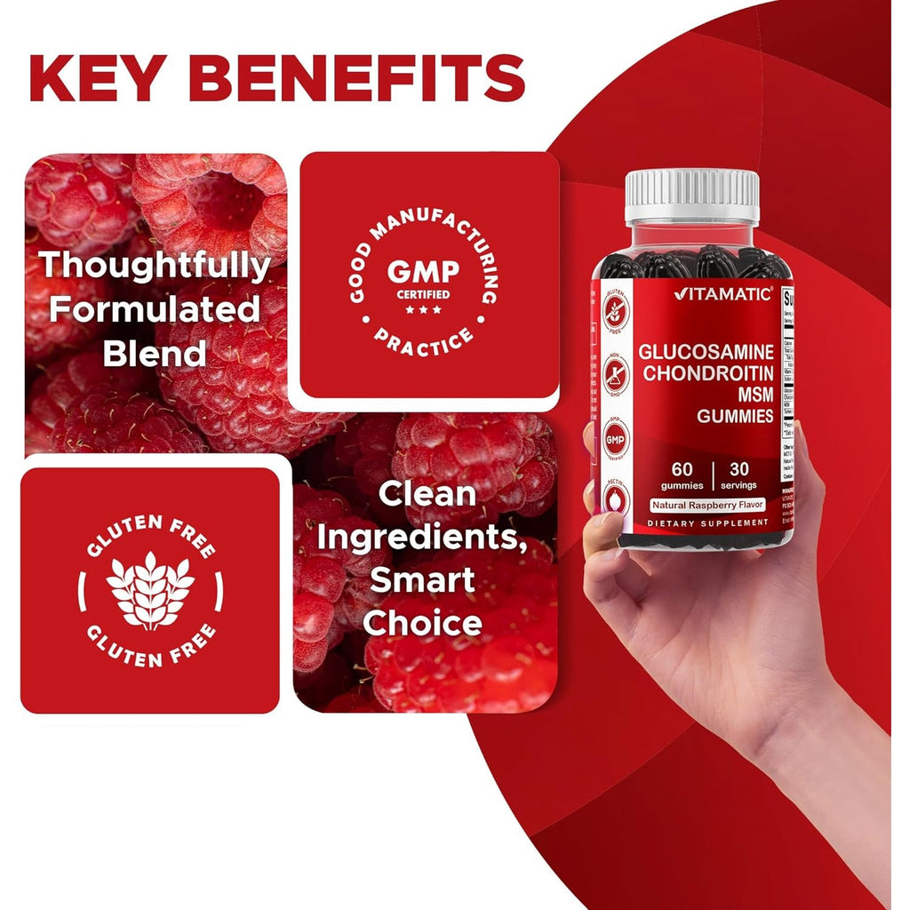 Vitamatic Glucosamine Chondroitin Gummies with MSM & Vitamin E – Joint Support Formula – 60 Pectin-Based Vegan Gummies