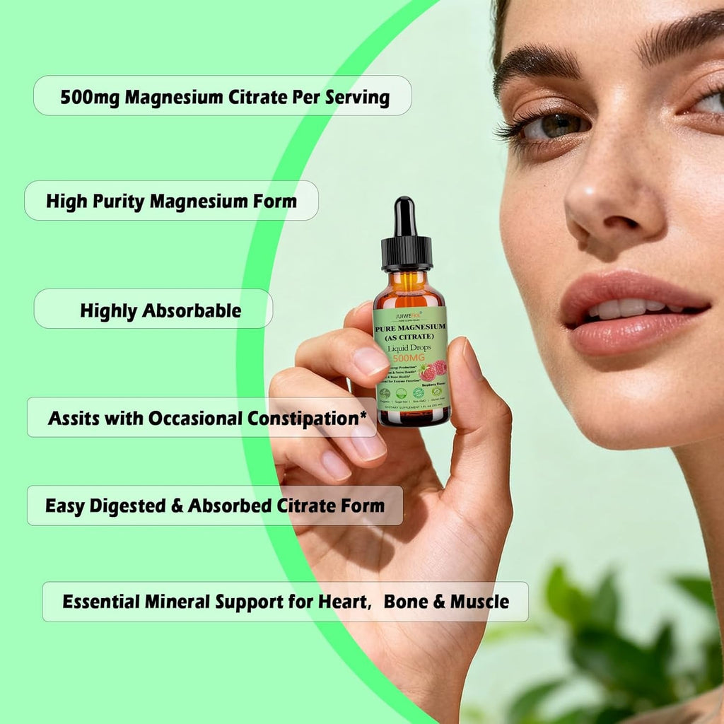 Pure Magnesium Citrate 500Mg Liquid Drops, High Absorption Chelated Calm Magnesium for Sleep Relaxation Muscle Bone Nerve & Brain Health, Gentle on Stomach, Non GMO, Vegan for Women Men & Kids