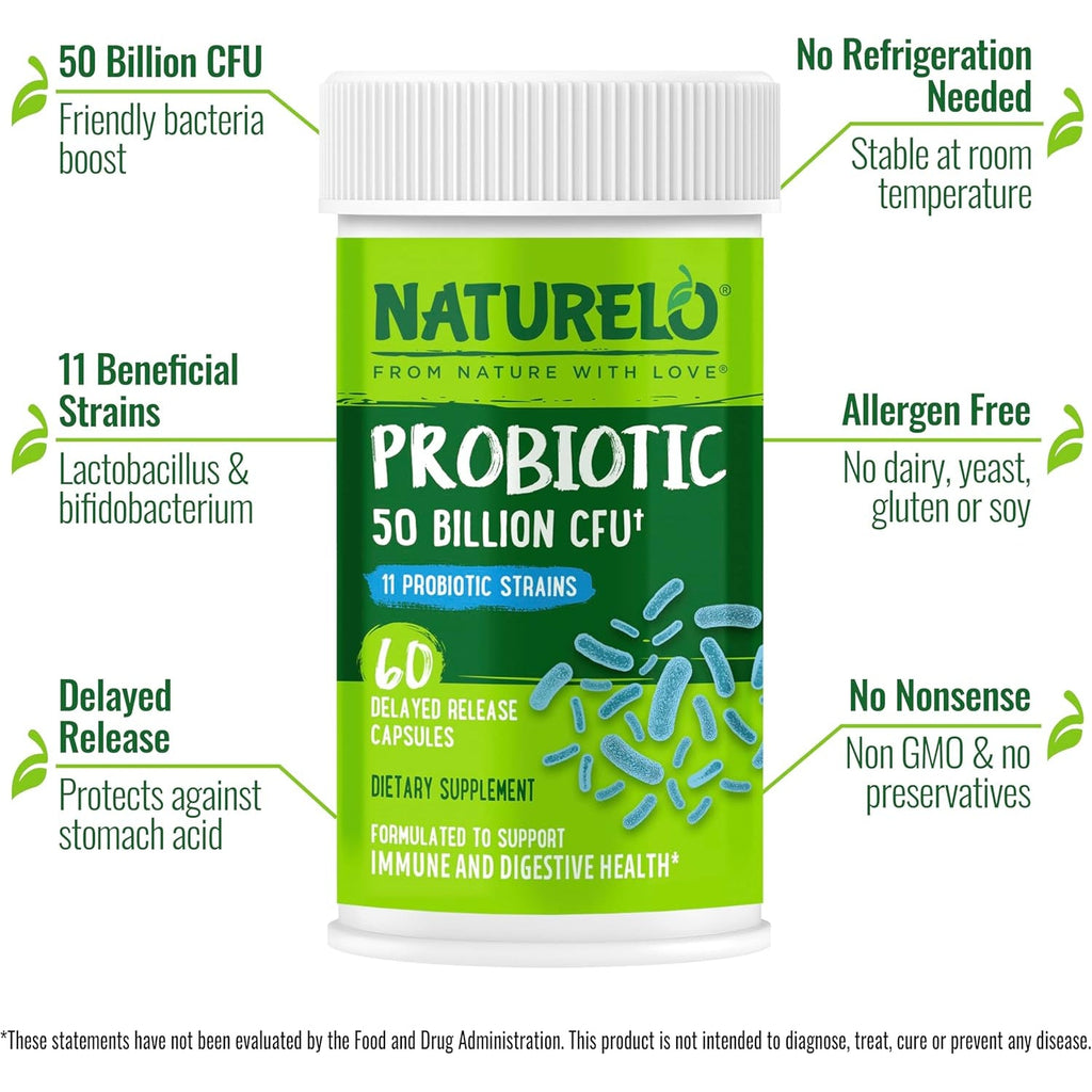 NATURELO Probiotics for Digestive Health, 50 Billion CFU, 60 Vegetarian Capsules, 11 Strains, Daily Use Supplement, Delayed Release, No-Fridge, Boosts Immune System, Probiotics for Women & Men