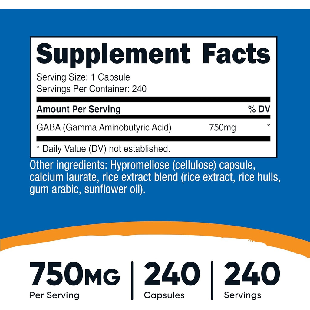 Nutricost GABA (Gamma Aminobutyric Acid) 750Mg, 240 Capsules, 240 Servings - Non-Gmo, Gluten Free