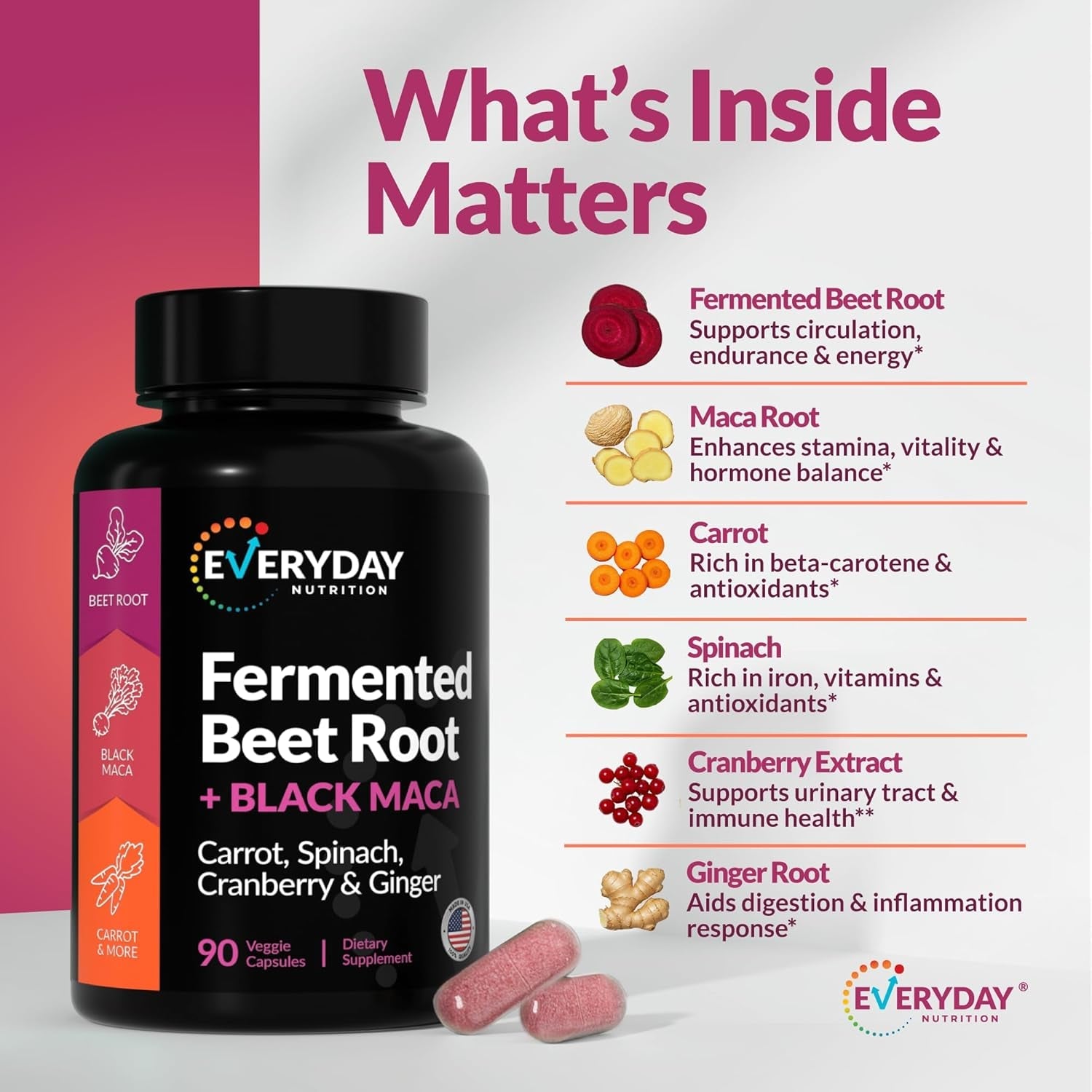 Organic Fermented Beet Root & Black Maca Capsules with Carrot, Spinach, Cranberry & Ginger | Superfood for Energy, Stamina & Wellness | 90 Veggie Capsules | Made in USA