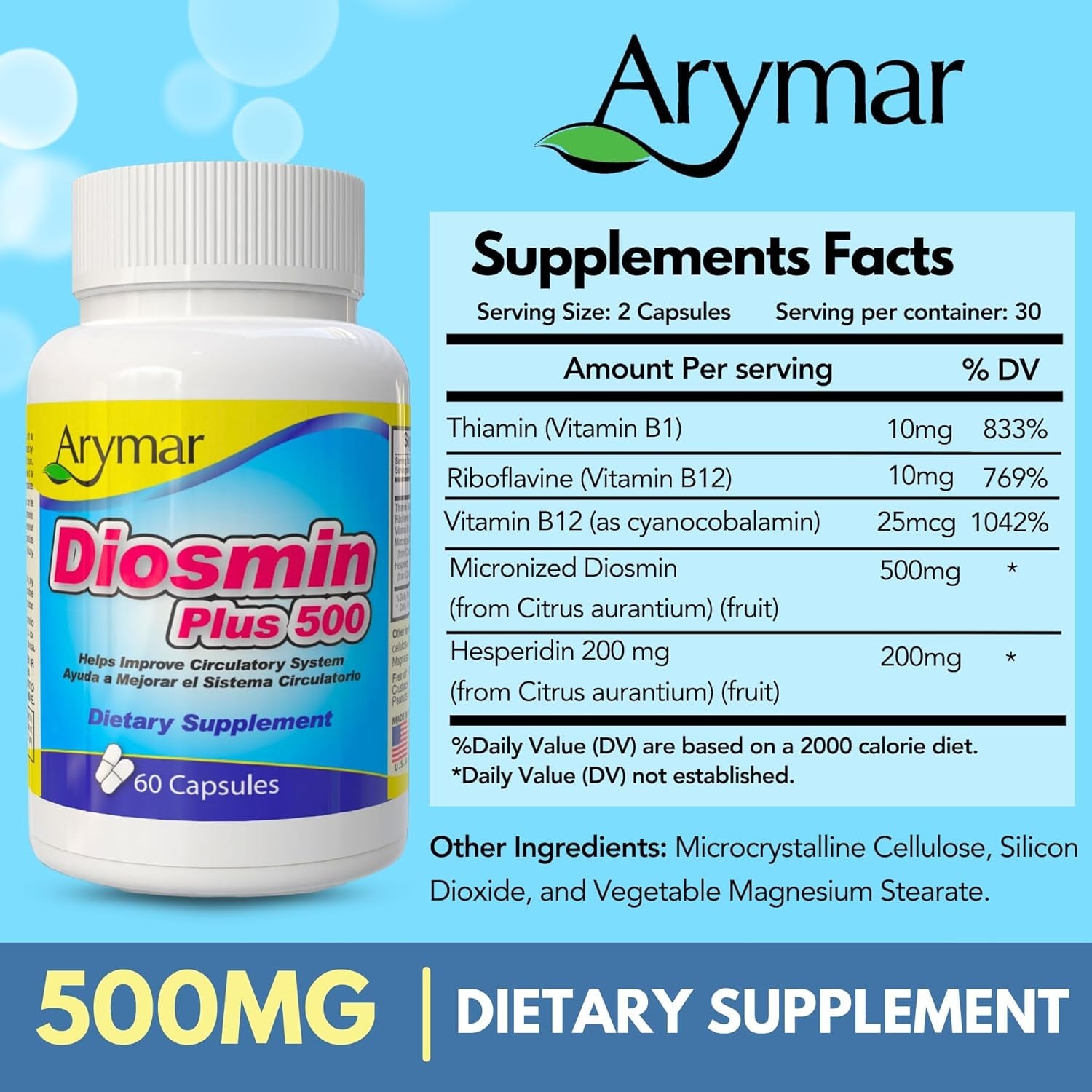 Arymar Diosmin 500Mg with Vitamin B-Complex: Circulatory Formula for Leg Vein Integrity and Normal Blood Flow, Vascular Health and Microcirculation, 60 Capsules