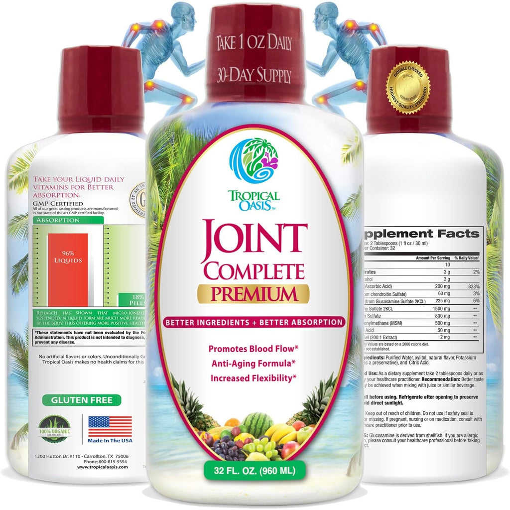 Tropical Oasis Joint Complete Premium - Liquid Joint Supplement with Liquid Glucosamine Sulfate, Chondroitin, MSM & Hyaluronic Acid - 96% Max Absorption– 32Oz, 32 Serv, 33484