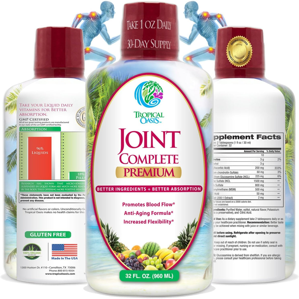 Tropical Oasis Joint Complete Premium - Liquid Joint Supplement with Liquid Glucosamine Sulfate, Chondroitin, MSM & Hyaluronic Acid - 96% Max Absorption– 32Oz, 32 Serv, 33484