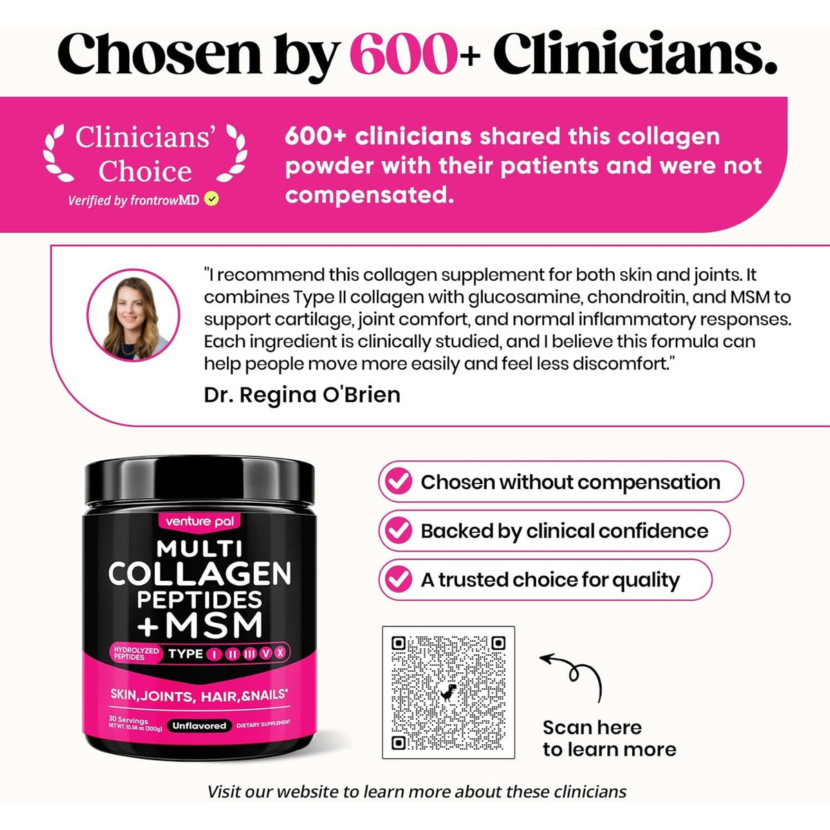 Venture Pal Multi Collagen Powder Type I, II, III, V, X – Hydrolyzed Collagen Peptides MSM, GC, Hyaluronic Acid Vitamin C | Collagen Supplement for Women | Joint, Hair, Skin & Nail Support | Non-Gmo
