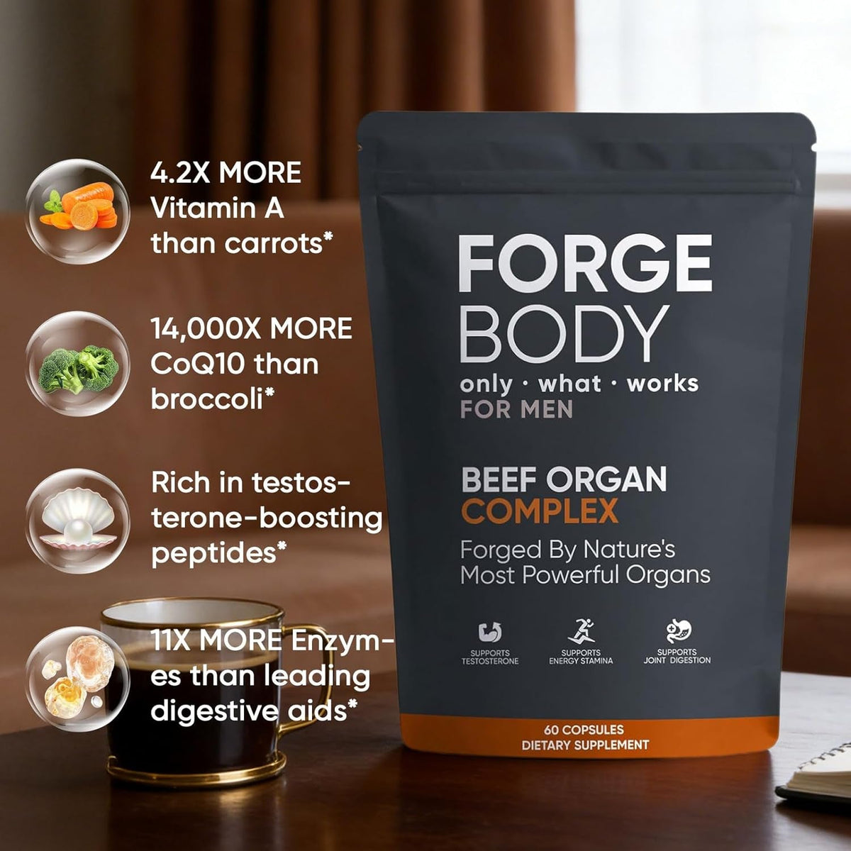 Forgebody Beef Organ Complex Capsules, Grass Fed & Pasture Raised - Total Body Wellness & Performance, Immune Support, Gluten-Free, Non-Gmo, 60 Count (1)