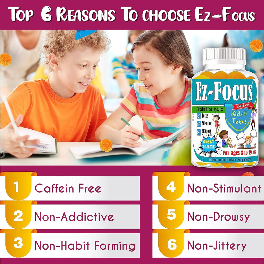 Ez-Focus Gummies for Kids, Teens and Youth – Brain Focus, Memory & Attention Support, DHA & Omega-3 for Kids, Concentration and Focus Supplement, Calm and Study Brain Vitamins 60 Ct