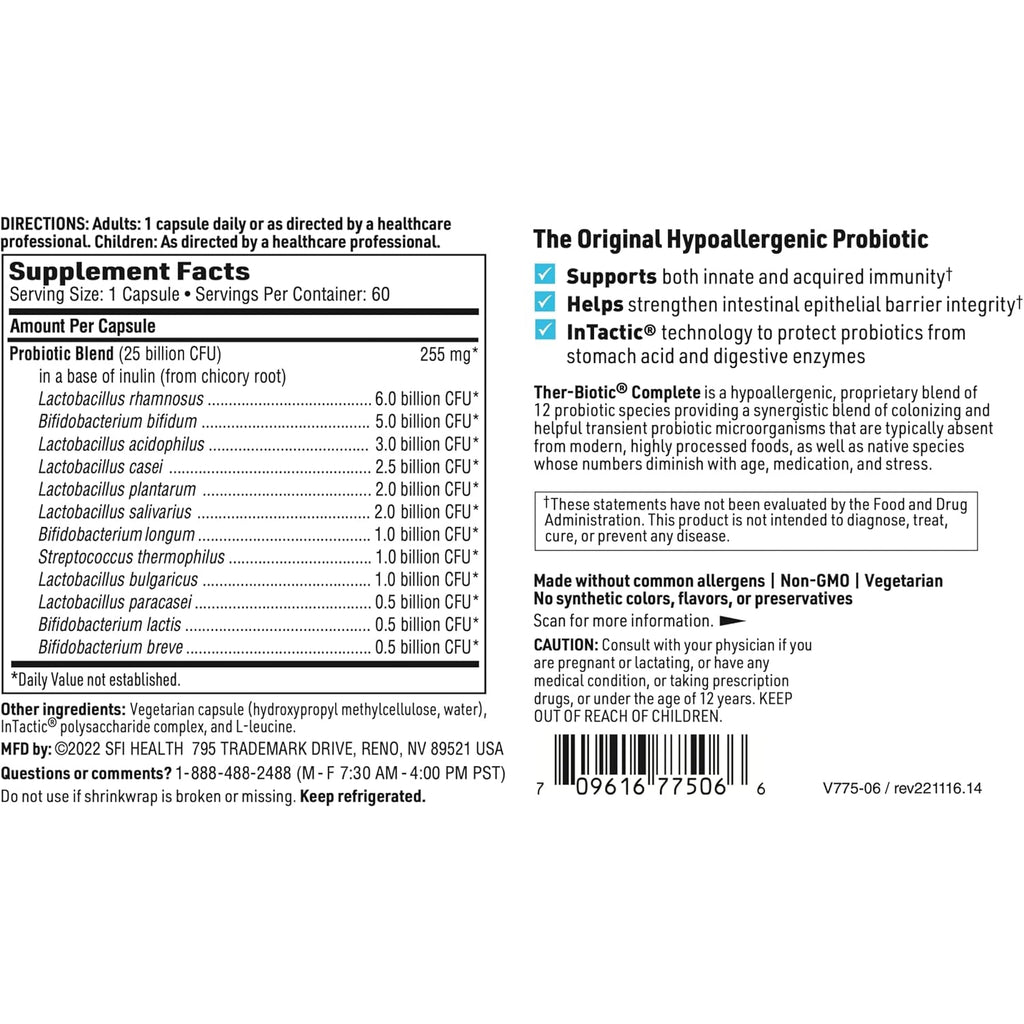 Klaire Labs SFI Health Ther-Biotic Complete - 25 Billion CFU Gut Probiotics for Women and Men - Hypoallergenic, 12 Strain Probiotic Capsules for Digestive Health and Immune Support (60 Ct)