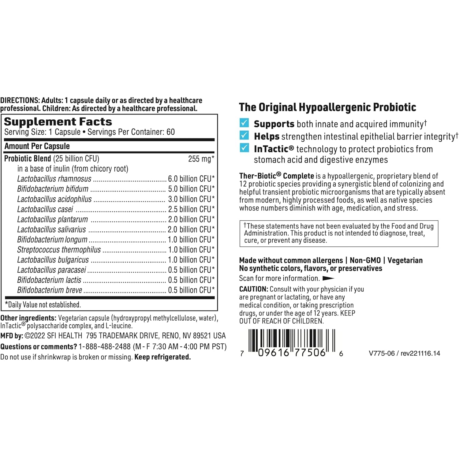 Klaire Labs SFI Health Ther-Biotic Complete - 25 Billion CFU Gut Probiotics for Women and Men - Hypoallergenic, 12 Strain Probiotic Capsules for Digestive Health and Immune Support (60 Ct)