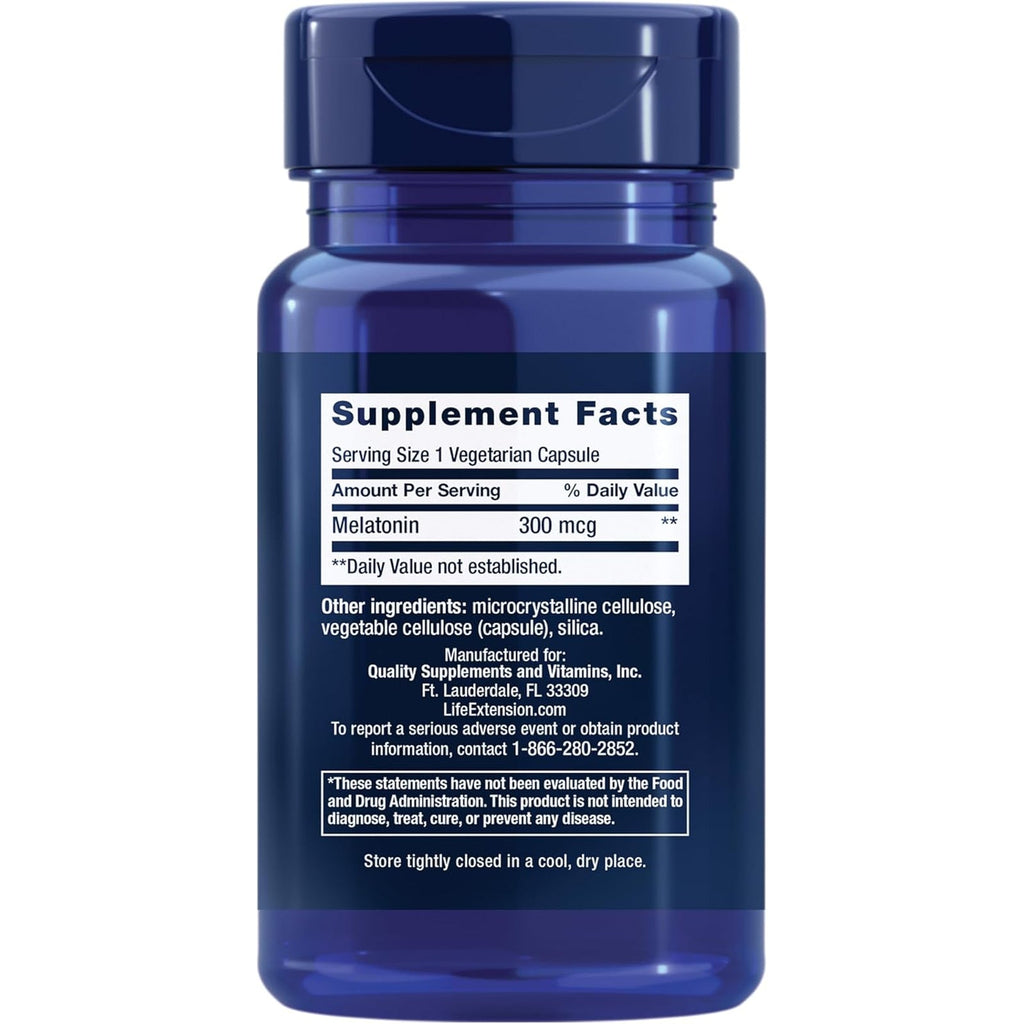 Life Extension Melatonin, 300 Mcg, Gentle Sleep Support, Healthy Circadian Rhythms, Cellular Defense, Gluten-Free, Non-Gmo, Vegetarian, 100 Capsules