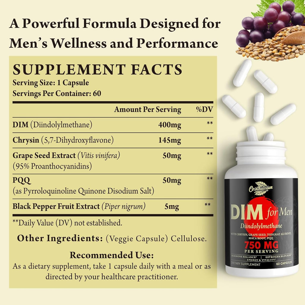 Orinthalixium DIM for Men 750MG – Hormone Balance, Estrogen Support for Men, DIM Supplement, Detox, Vitality & Fitness Performance–Chrysin & Black Pepper Extract, 60 Capsules (1 Bottle)