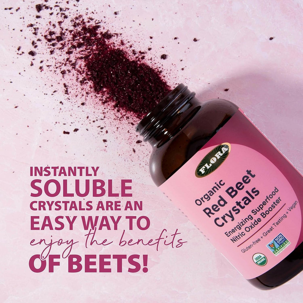 Flora - Organic Red Beet Crystals, Energizing Superfood, Nitric Oxide Booster, Vegan, Equals 5.5 Lbs. of Red Beets, Pressed from Fresh Harvested Organic Beets, 7-Oz. Powder