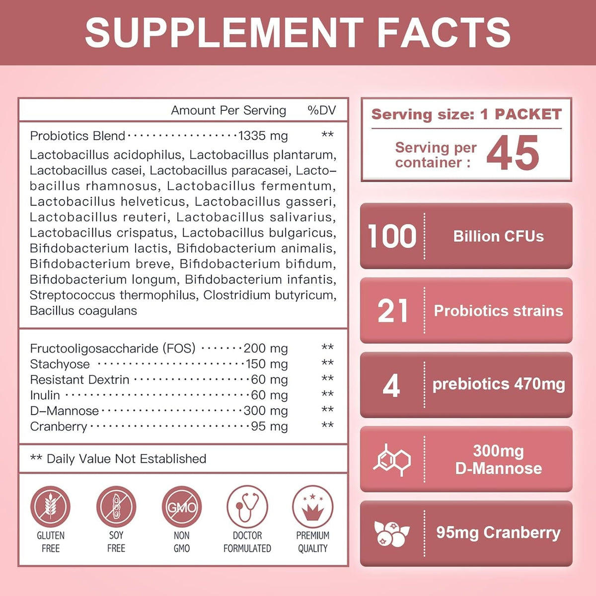 NATURE TARGET Probiotics-For-Women Prebiotics-And-Probiotics-Powder, 100-Billion-Cfus 45-Day-Supply, Women'S-Probiotic with D-Mannose and Cranberry for Urinary Tract/Gut/Digestive Health