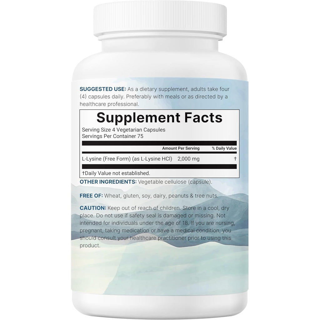 Pure L-Lysine 2,000Mg, 300 Veggie Capsules | Maximum Potency, Easily Absorbed, Free Form | Essential Amino Acid for Collagen, Lip, & Immune Support | Clean Ingredients without Fillers