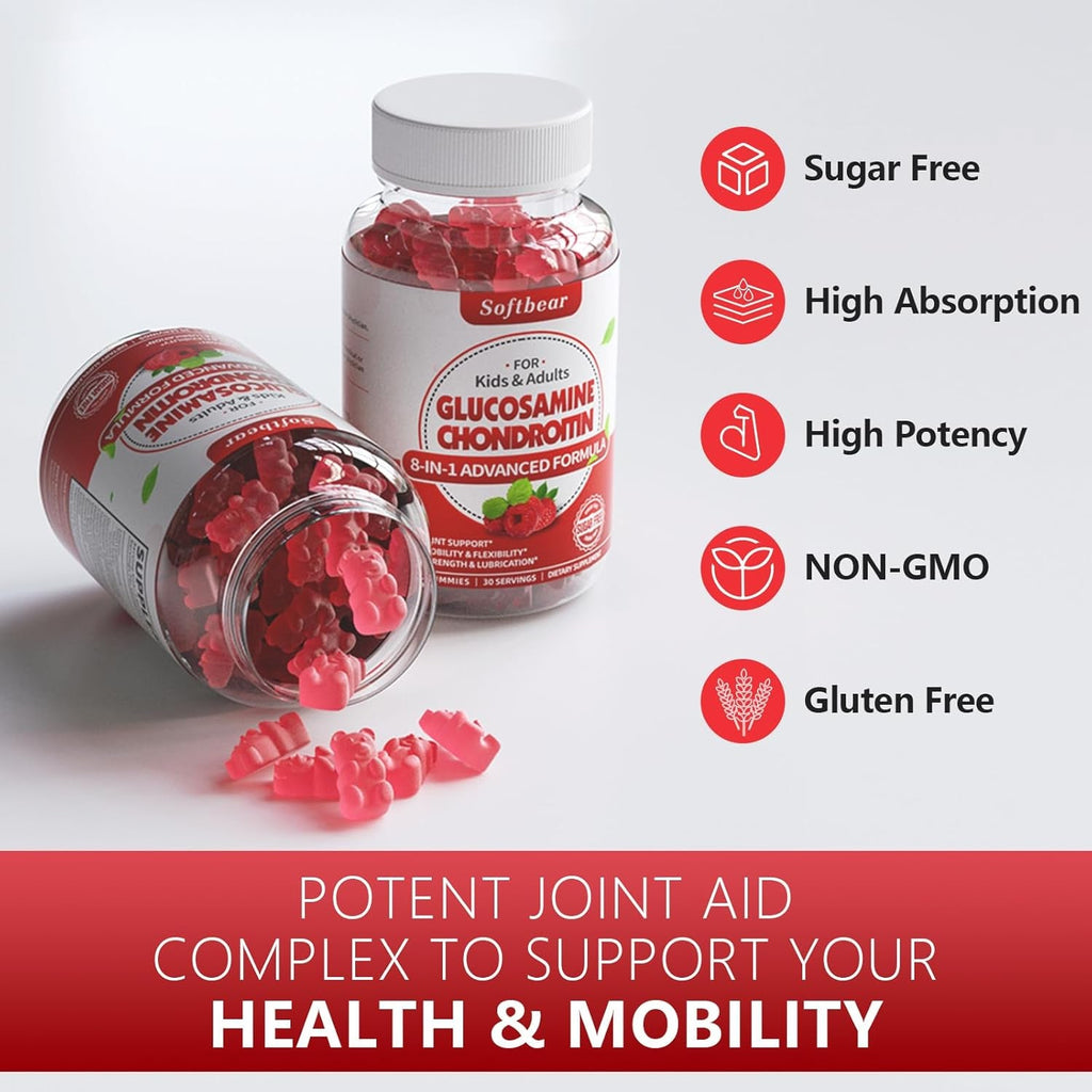 Softbear Glucosamine Chondroitin Gummies, Sugar Free Glucosamine Chondroitin MSM Supplement with Elderberry Turmeric Supports Joint Health & Antioxidant, Raspberry Flavored 60 Count