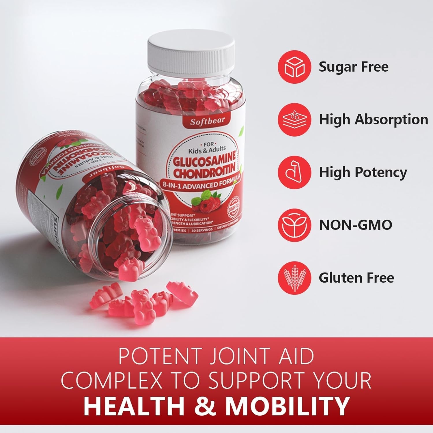 Softbear Glucosamine Chondroitin Gummies, Sugar Free Glucosamine Chondroitin MSM Supplement with Elderberry Turmeric Supports Joint Health & Antioxidant, Raspberry Flavored 60 Count