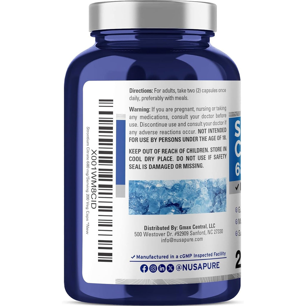 Nusapure Strontium Citrate - Suitable for Vegetarian/Vegan, Non - GMO - 680 Mg 200 Capsules