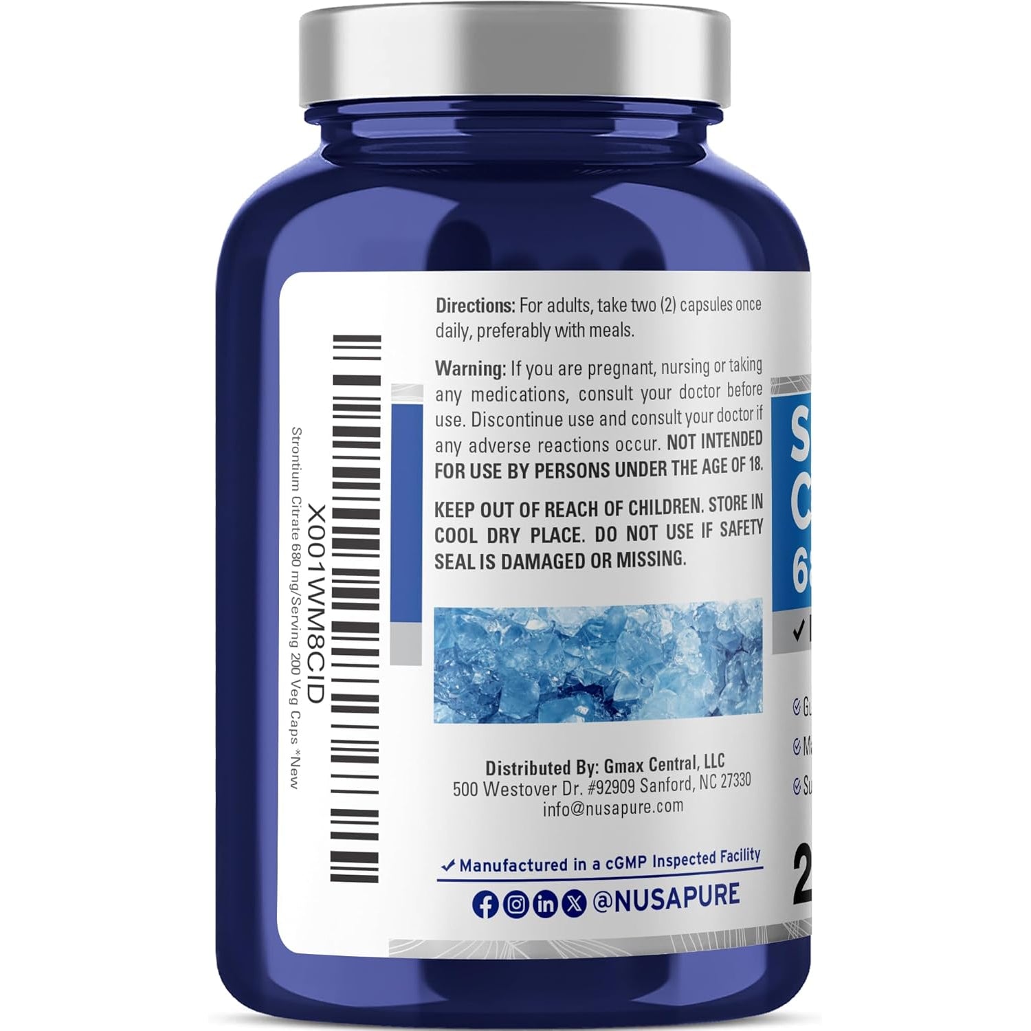 Nusapure Strontium Citrate - Suitable for Vegetarian/Vegan, Non - GMO - 680 Mg 200 Capsules