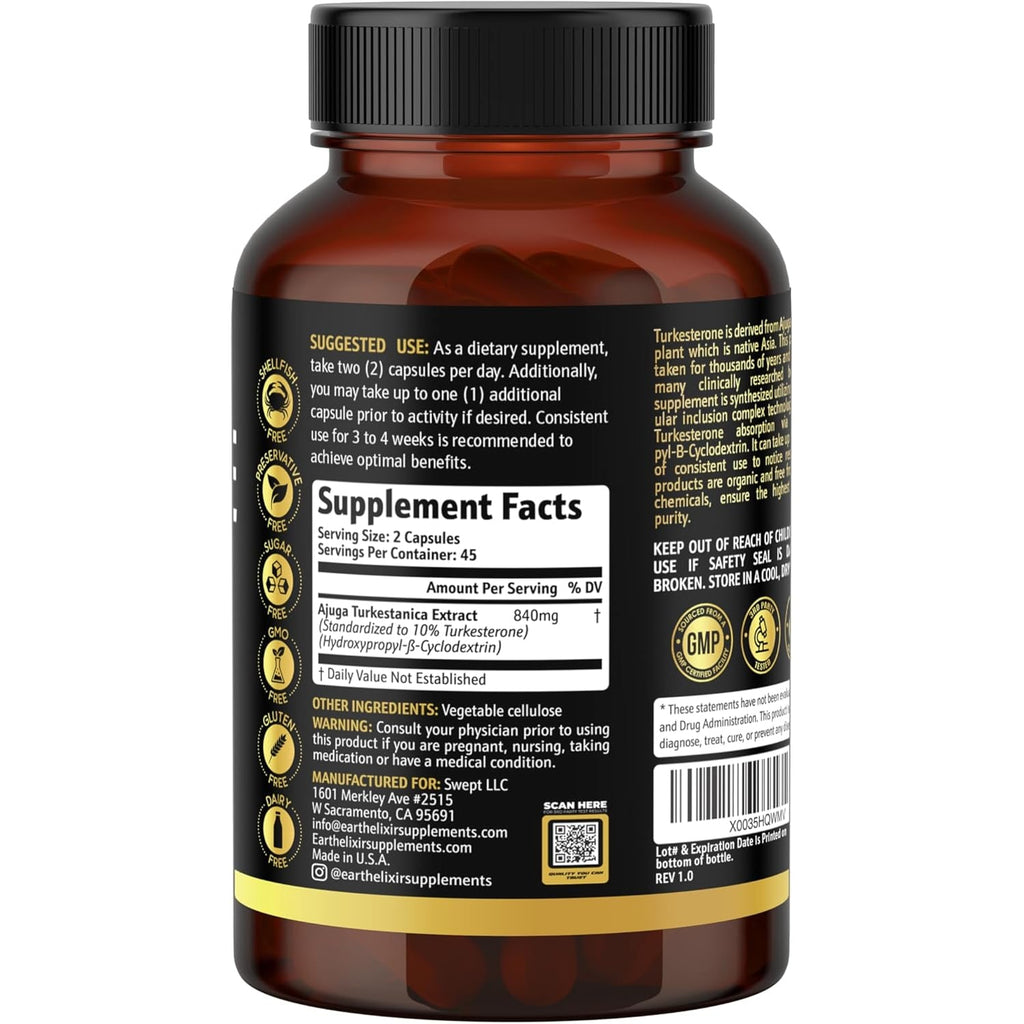 Turkesterone 840 Mg – Natural Testosterone Support - 100% Pure Turkesterone Supplement for Men & Women - Ajuga Turkestanica Extract - Made in USA & 3Rd Party Tested for Strength, Energy & Vitality