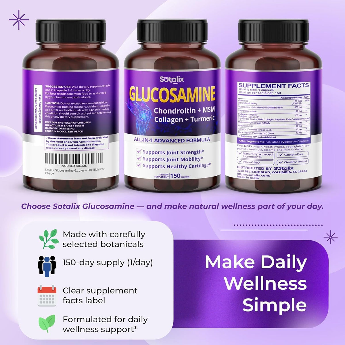 Sotalix Glucosamine 650Mg – All-In-1 Joint Support with Chondroitin, MSM, Collagen, Turmeric, Vitamin D3 & Hyaluronic Acid – 150 Capsules – Shellfish-Free