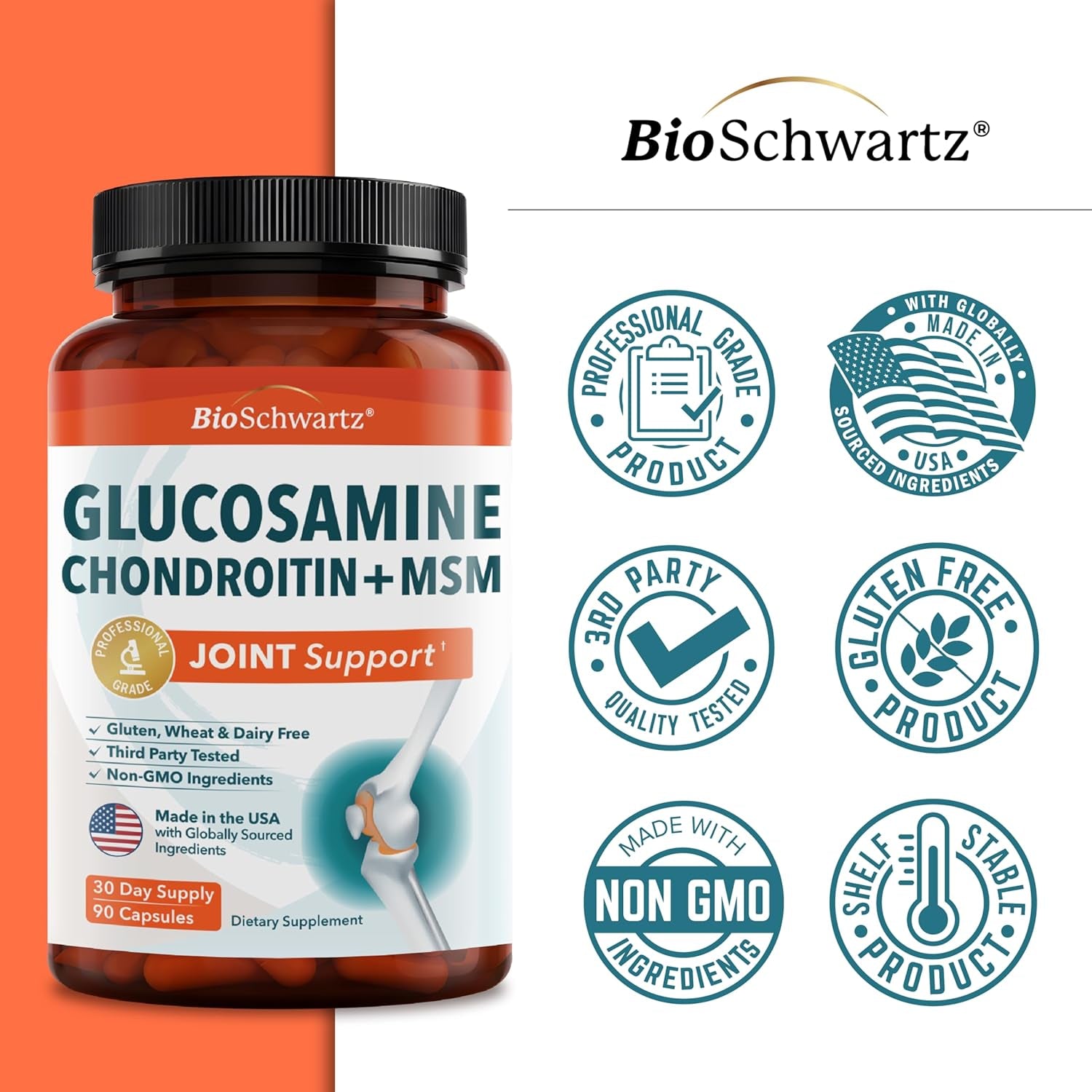 Glucosamine Chondroitin MSM Joint Support Supplement - Collagen Peptides, Turmeric and Ginger, Hyaluronic Acid, Glucosamine Chondroitin Sulfate for Joint Comfort - Gluten Free, Non GMO, 90 Capsules