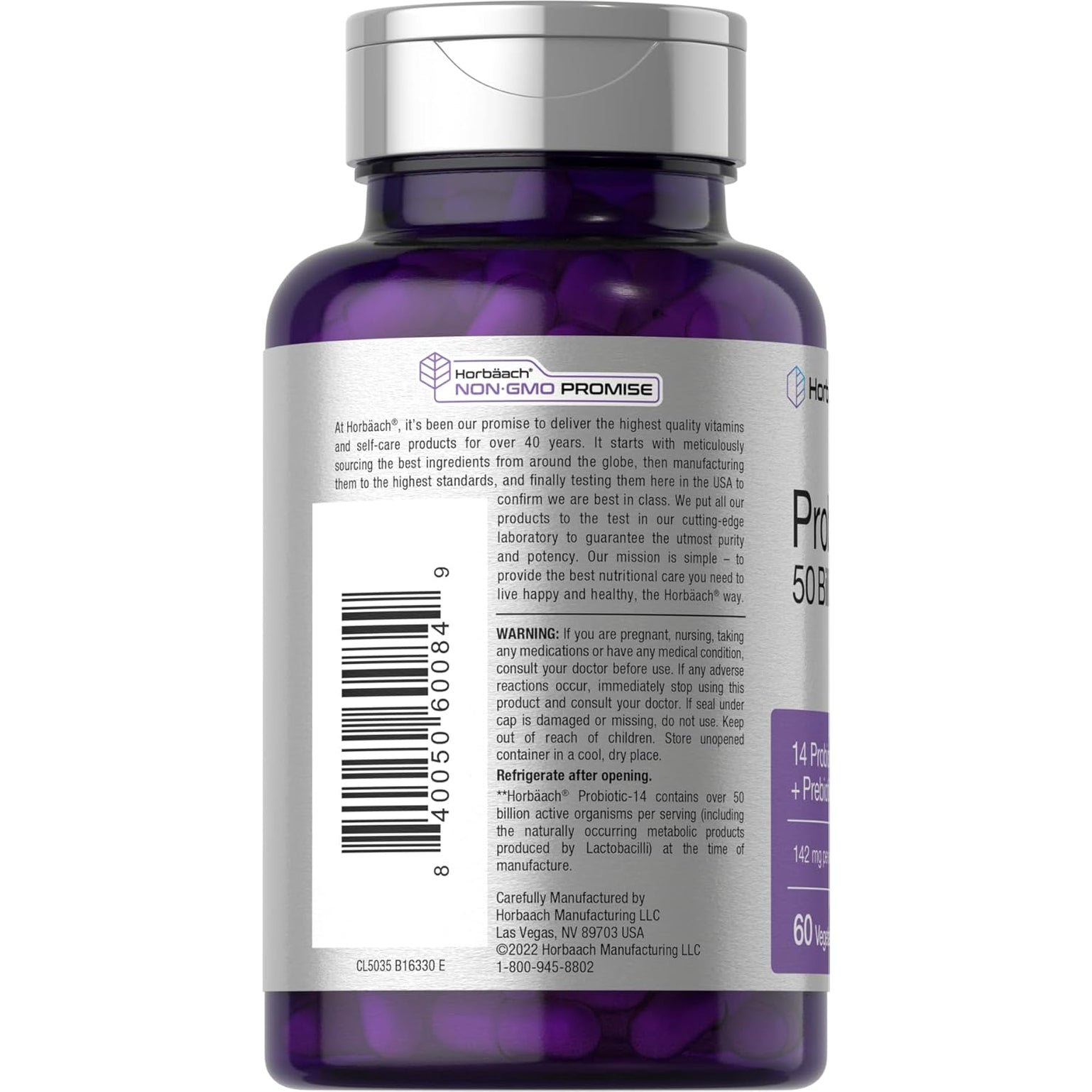 Horbaach Probiotics for Women and Men | 60 Capsules | 14 Probiotic Strains with Prebiotic | 50 Billion Active Organisms | Non-Gmo & Gluten Free Supplement
