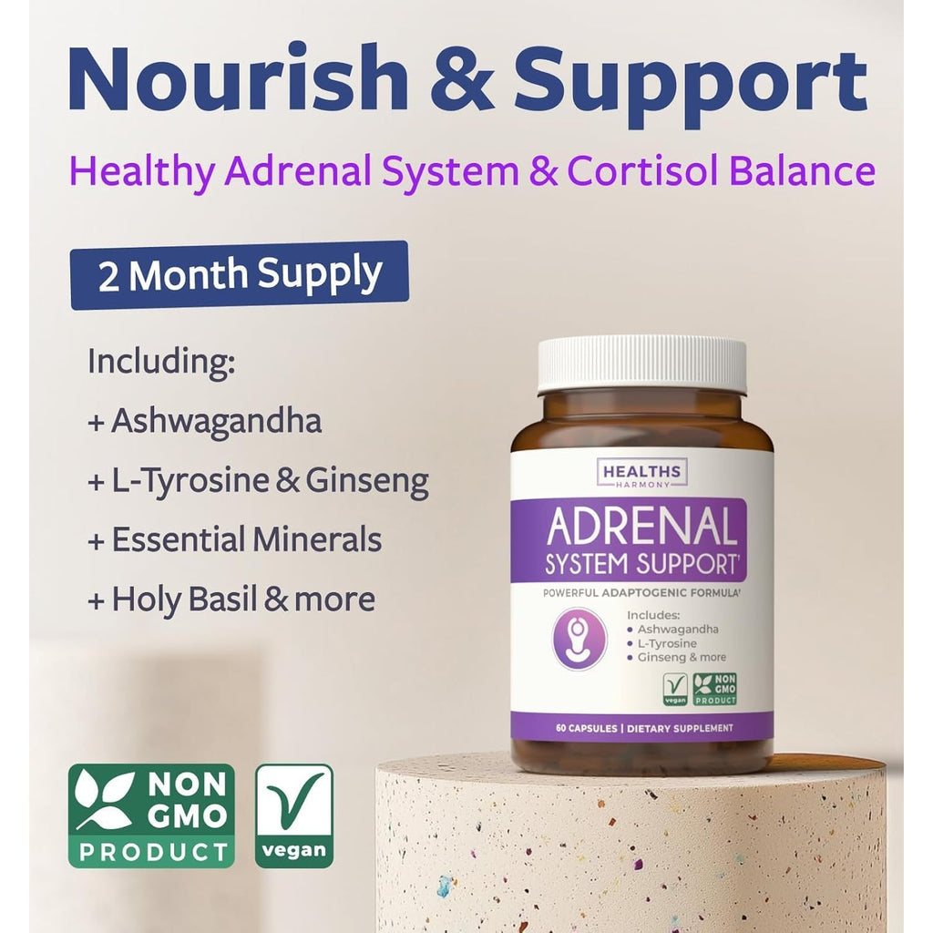 Adrenal System Support & Cortisol Manager (2 Month Supply) Powerful Ashwagandha & L-Tyrosine Fatigue Supplement - Maintain Balanced Cortisol Levels, Health, & Stress Relief - Non-Gmo - 60 Capsules
