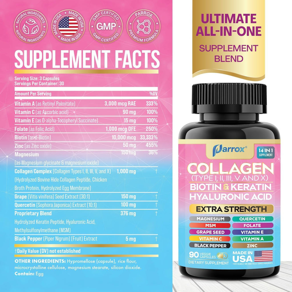 Collagen Peptides Types I, II, III, V & X, MCG Biotin, Keratin, Hyaluronic Acid, MSM, Zinc, Grape Seed Extract, Quercetin, Vitamin A, Vitamin C, Vitamin E, Magnesium, Folic Acid (90 Capsules)