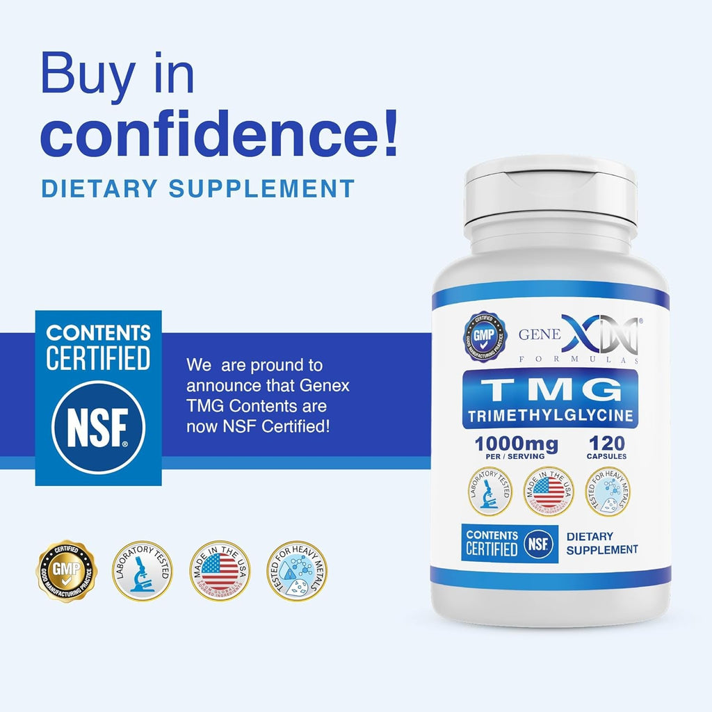 Genex Formulas TMG Supplement 1000Mg (120 Capsules) - NSF Certified for Safety, Quality & Label Accuracy - Betaine Anhydrous Trimethylglycine - Liver Supplement - Gluten Free & Non-Gmo - 30-Day Supply