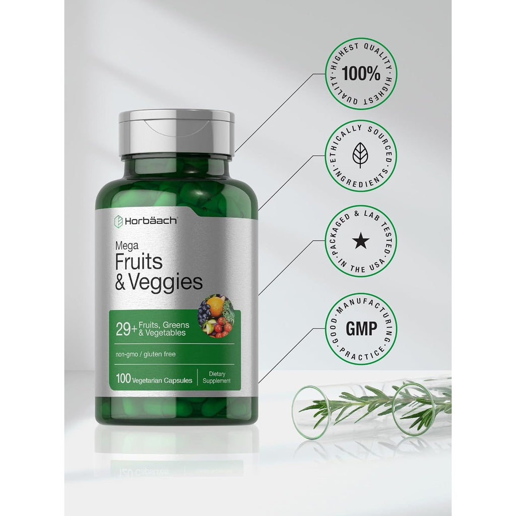 Horbäach Mega Fruits and Veggies Supplement | 100 Capsules | Vegetarian, Non-Gmo and Gluten Free