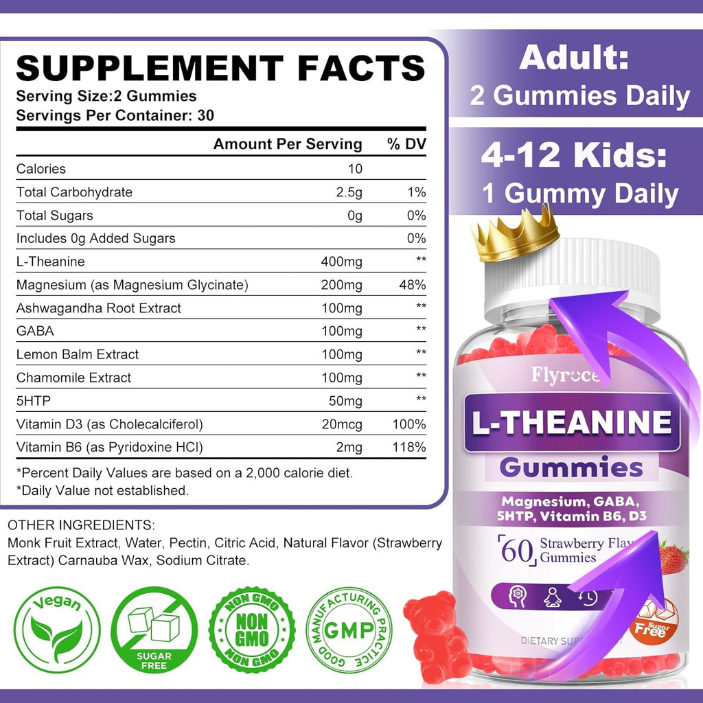 Sugar Free L-Theanine Gummies, L Theanine Supplement for Adults & Kids, L'Theanine with Ashwagandha, Magnesium, 5HTP & GABA - Support Calm, Relax, Zzz, Focus, Vegan Strawberry Flavor, 60 Count