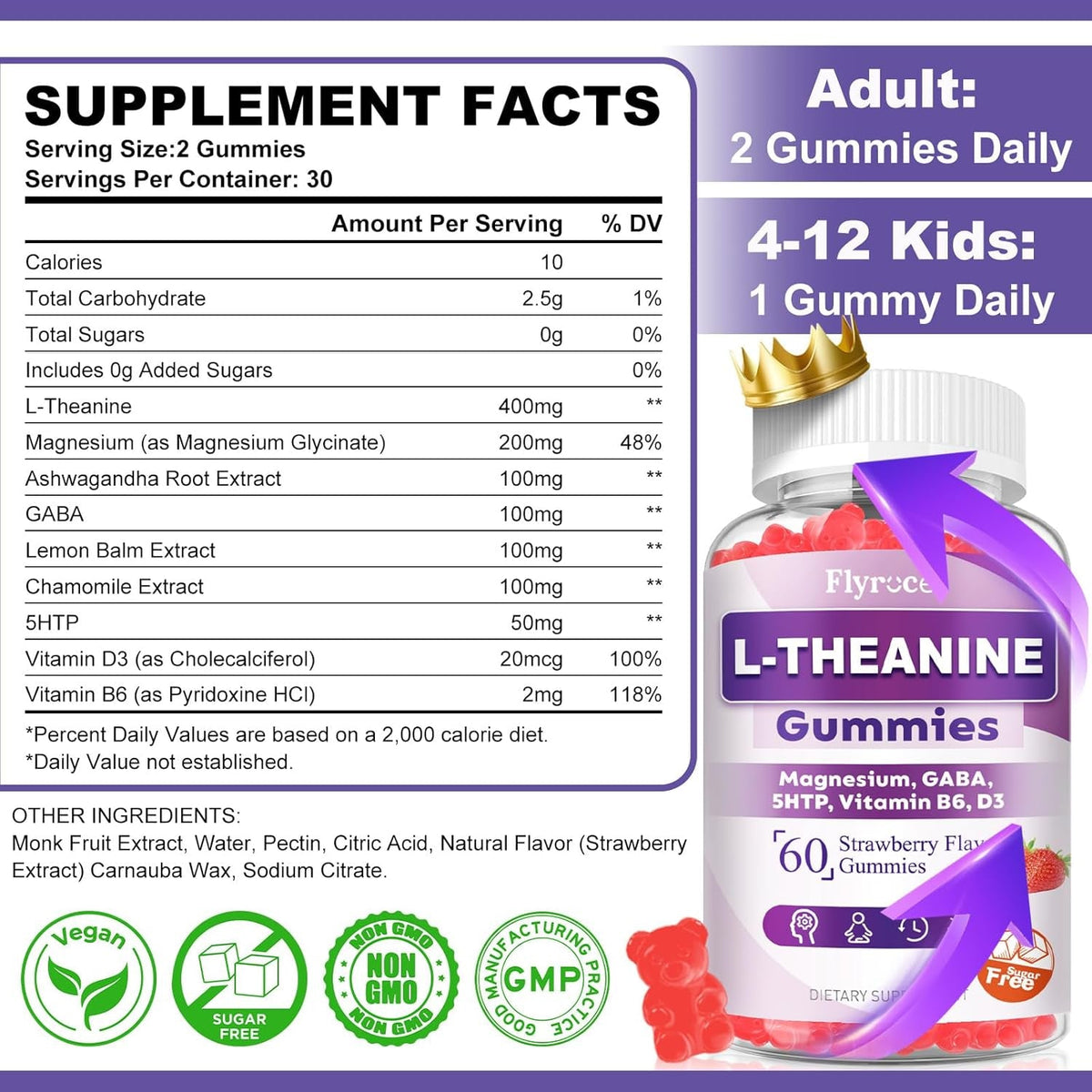 Sugar Free L-Theanine Gummies, L Theanine Supplement for Adults & Kids, L'Theanine with Ashwagandha, Magnesium, 5HTP & GABA - Support Calm, Relax, Zzz, Focus, Vegan Strawberry Flavor, 60 Count