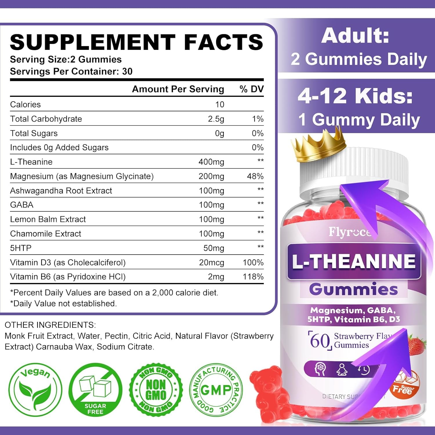Sugar Free L-Theanine Gummies, L Theanine Supplement for Adults & Kids, L'Theanine with Ashwagandha, Magnesium, 5HTP & GABA - Support Calm, Relax, Zzz, Focus, Vegan Strawberry Flavor, 60 Count