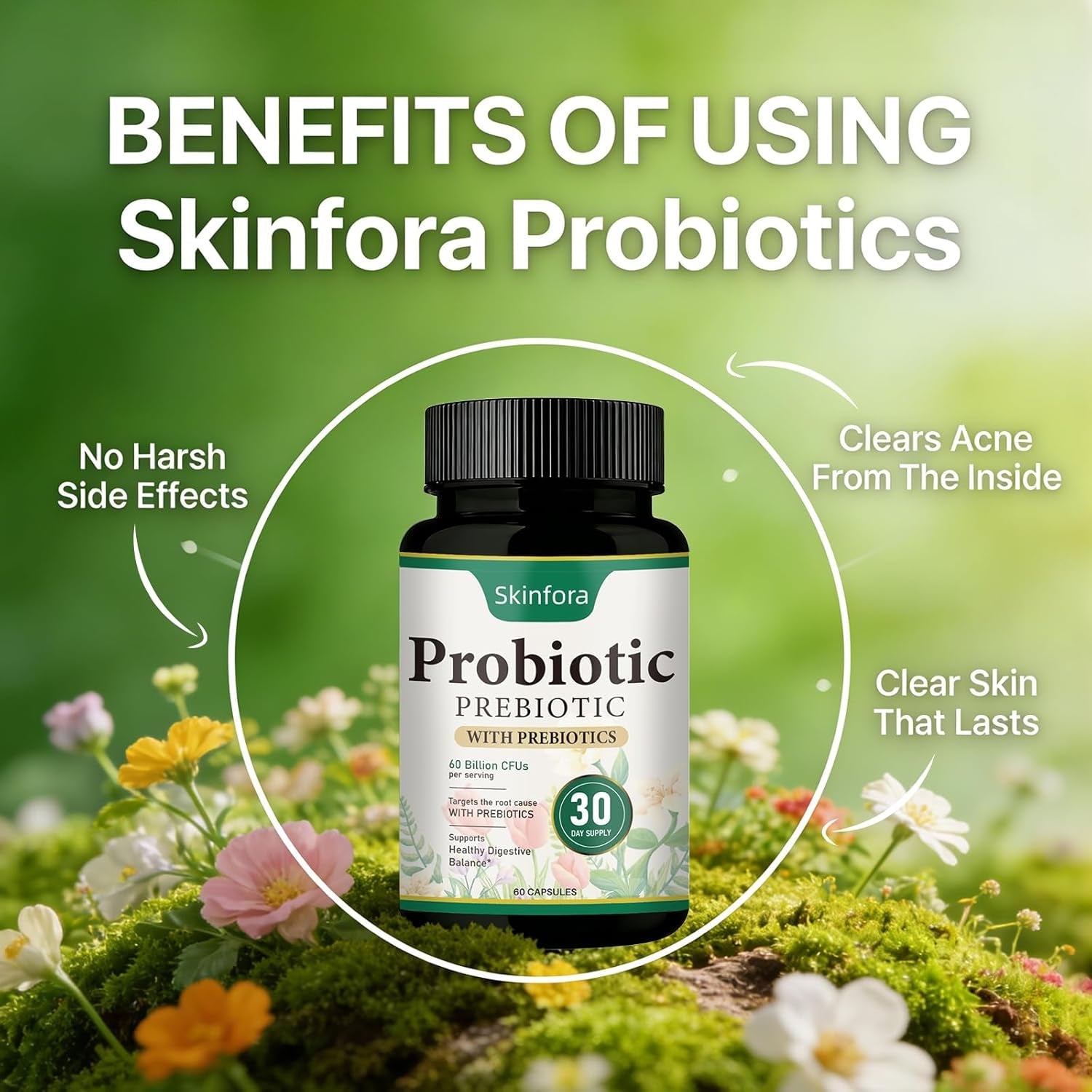 Probiotic Supplement for Skin & Gut Support, Daily Wellness Formula, Non-Gmo, Vegan, 60 Capsules