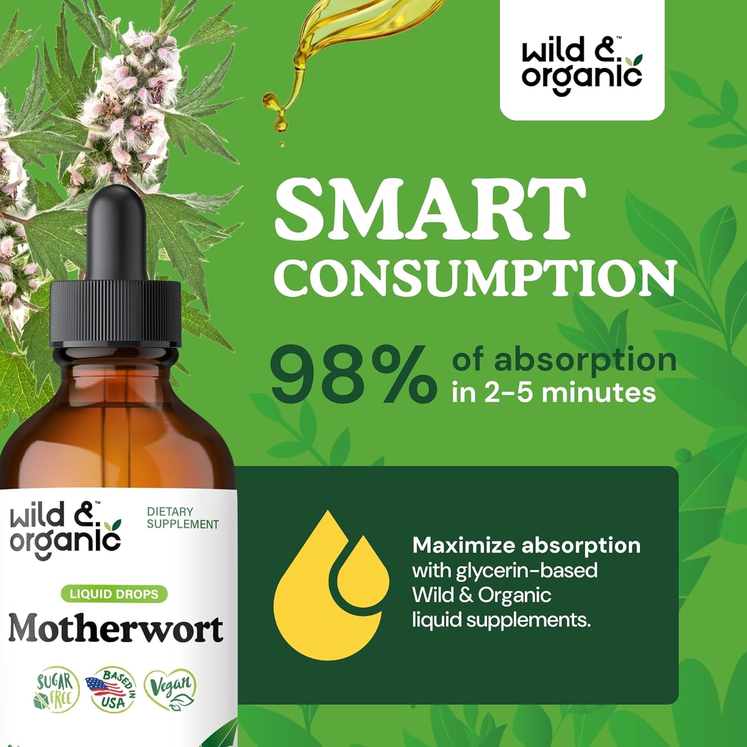 Wild & Organic Motherwort Tincture - Good Mood, Calmness, Overall Support - Supplements for Women with Motherwort Herb - Vegan, Sugar & Alcohol-Free Extract Drops - 4 Fl Oz