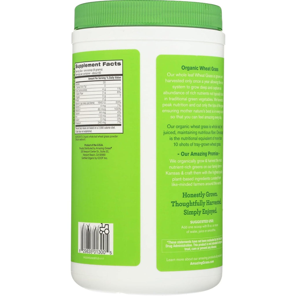 Amazing Grass Wheat Grass Powder: 100% Whole-Leaf Wheat Grass Powder for Energy, Detox & Immunity Support, Chlorophyll Providing Greens, 60 Servings