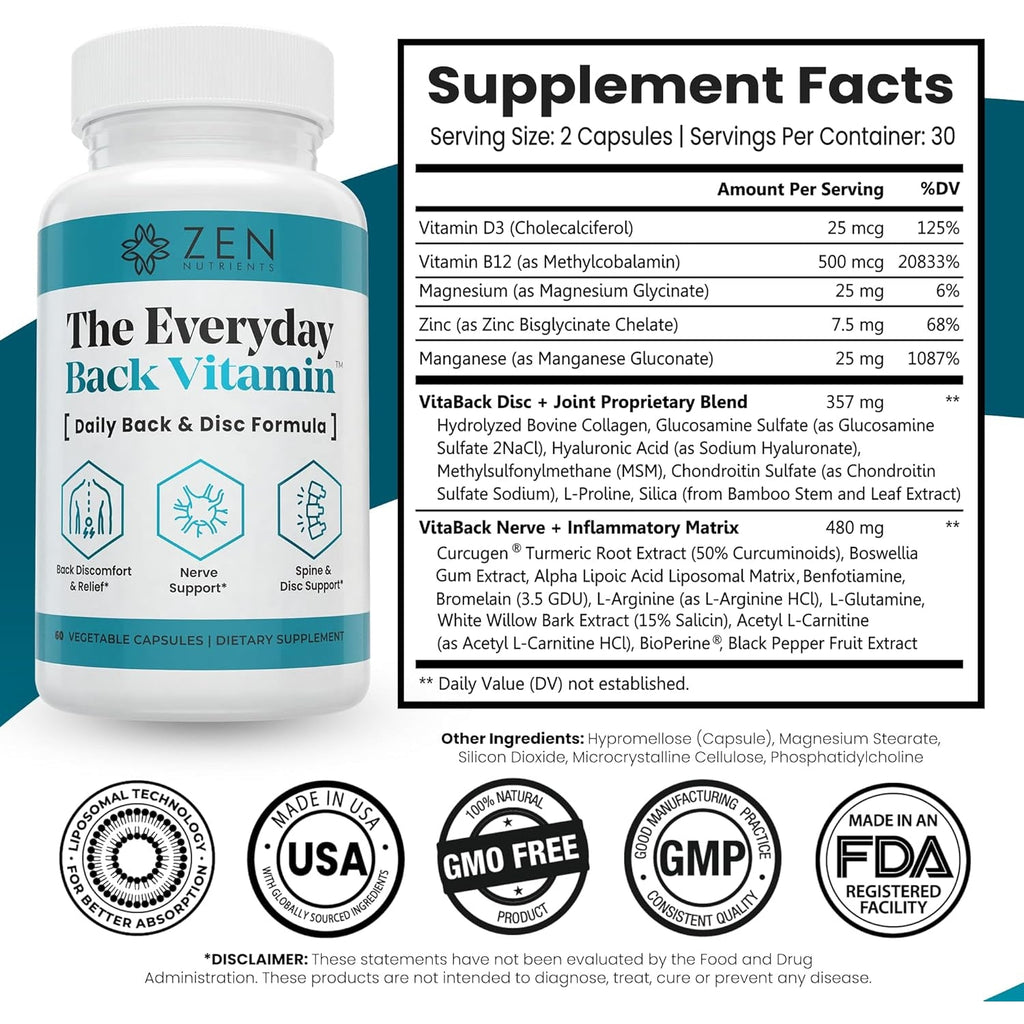 Zen Nutrients the Everyday Back Vitamin for Lower Back Relief & Nerve Function Support Supplement - Back, Disc and Nerve Relief with Alpha Lipoic Acid, Turmeric & Glucosamine (60 Capsules)