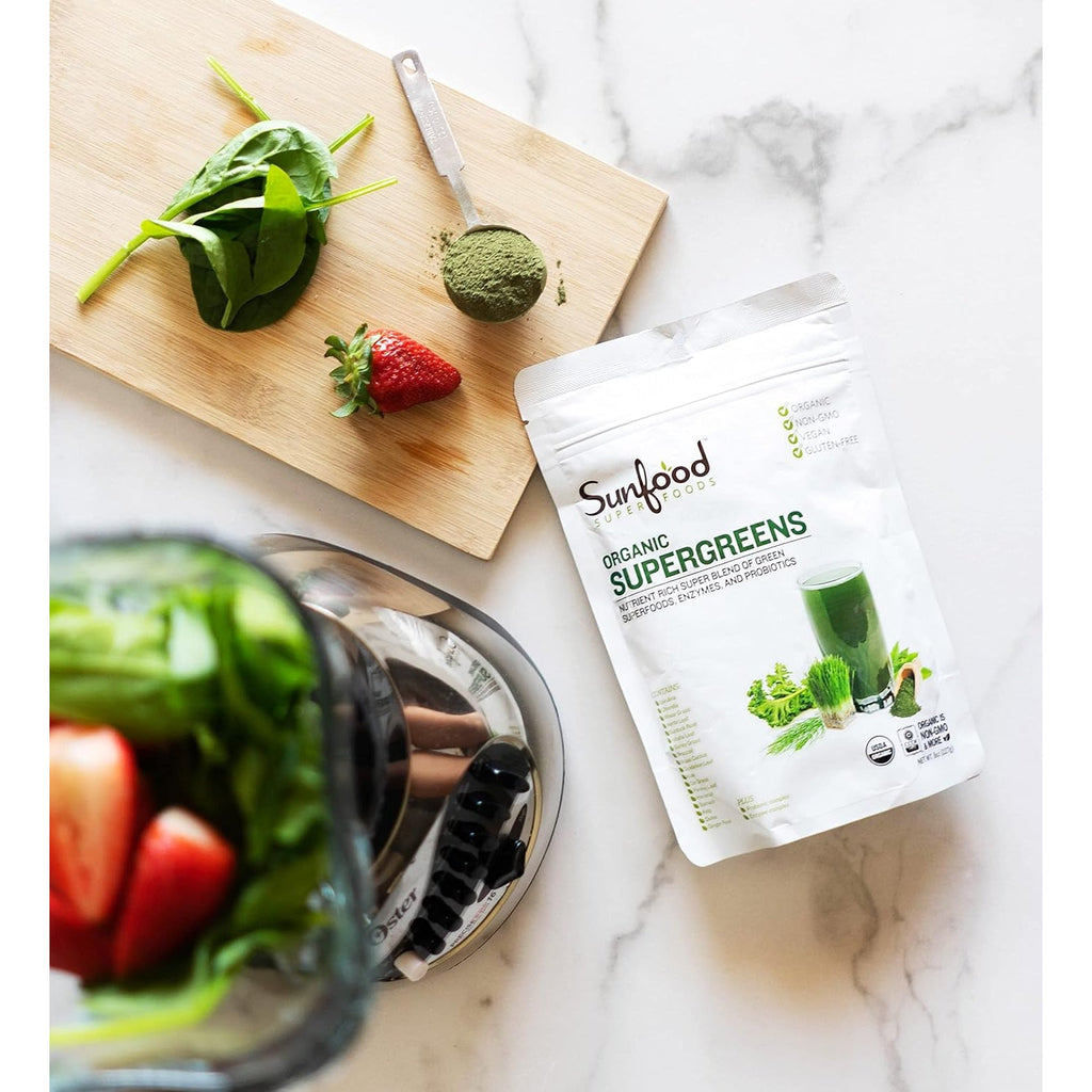 Sunfood Superfoods Organic Supergreens Blend - Greens Superfood Powder, Daily Green Juice Powder, Vegetable Smoothie Drink Mix with Chlorella, Spirulina, Alfalfa, Kale, & More - 8 Oz Bag