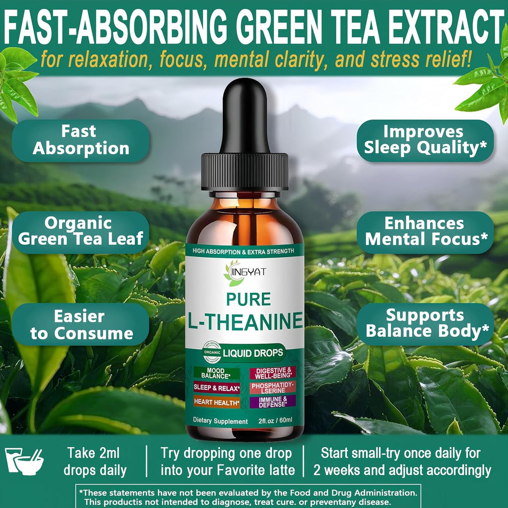 L Theanine Liquid Drops, Pure L-Theanine 400Mg for Adults and Kids, Organic High Absorption L Theanine Supplement, Natural Focus Supplement, Non-Gmo | Gluten Free | 30 Servings