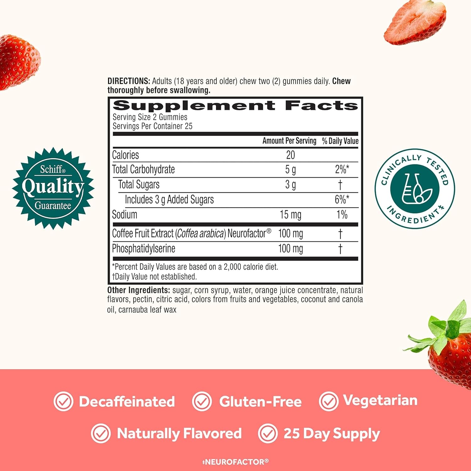NEURIVA Original Brain Supplements for Memory and Focus, Clinically Tested Nootropics Phosphatidylserine and Neurofactor, Caffeine Free, 50Ct Strawberry Gummies