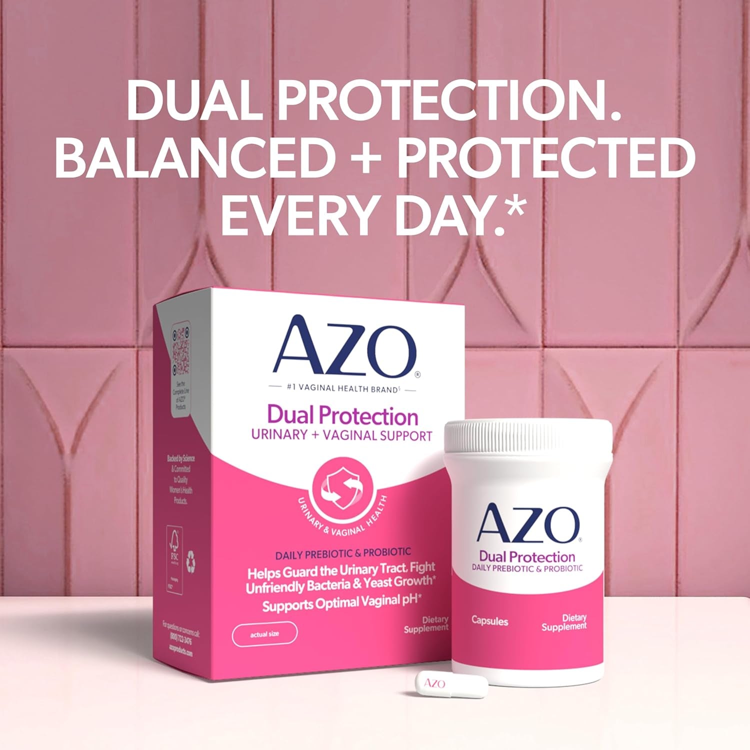AZO Dual Protection, Urinary + Vaginal Support, Prebiotics and Probiotics for Women*, Starts Working within 24 Hours, Non-Gmo, 30 Count