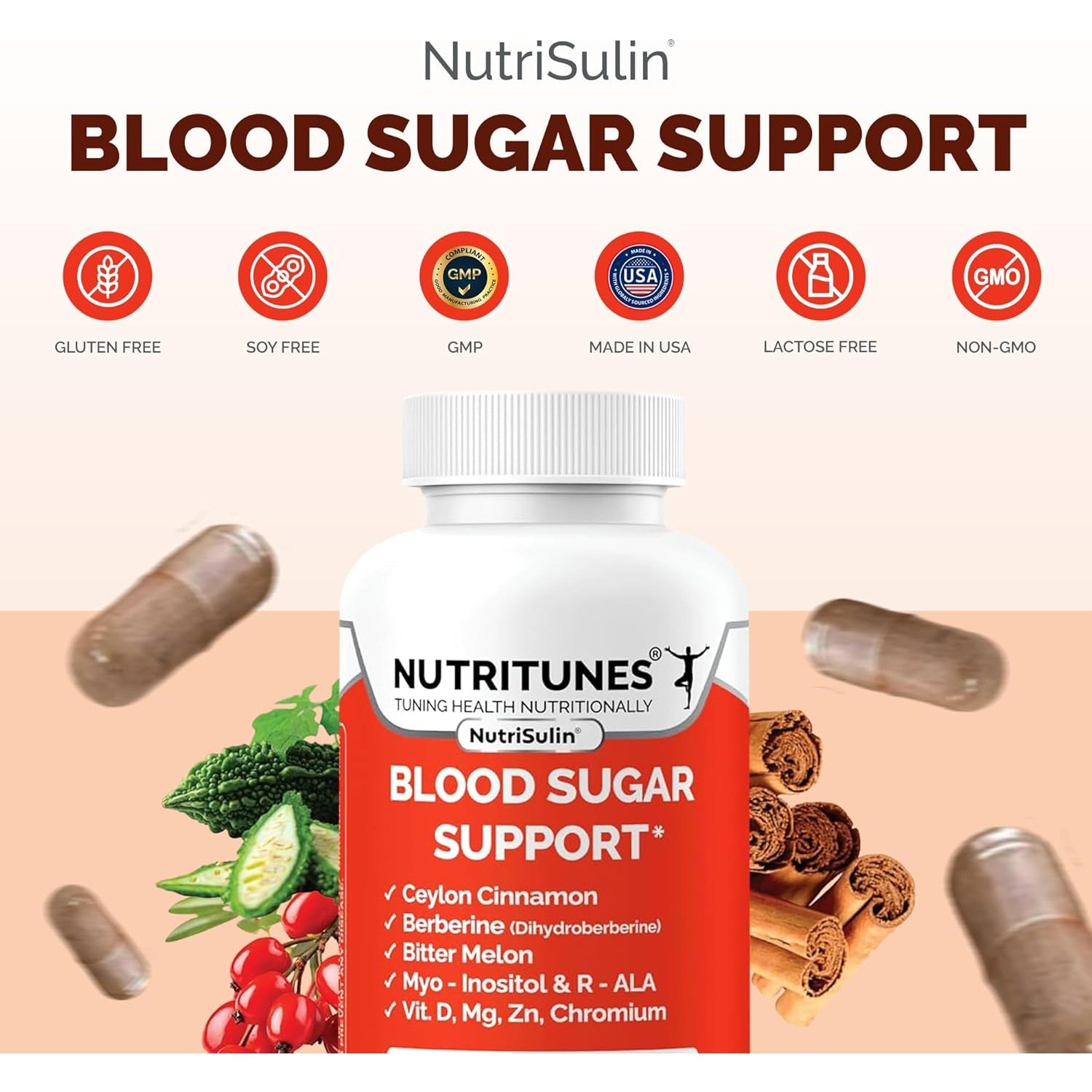 Ceylon Cinnamon & Berberine (Dihydroberberine) Supplement for Blood Sugar Support with Added Blood Sugar Complex Myo-Inositol Bitter Melon R-ALA VIT. D Chromium Magnesium & Zn– 90 Nutrisulin Capsules