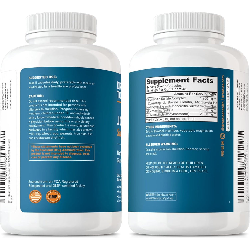 Dr. Tobias Joint Support Supplement with Glucosamine Chondroitin MSM, Supports Connective Tissue, Function & Flexibility, Extra Strength Joint Supplements for Men & Women, 240 Capsules