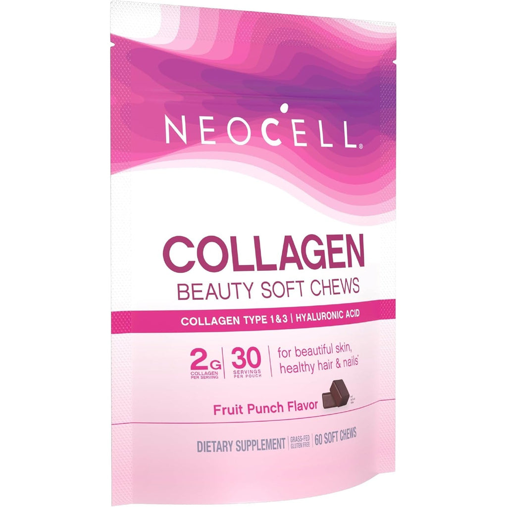 Neocell Collagen Beauty Soft Chews with Vitamin C and Hyaluronic Acid, for Hair, Skin and Nail Health, Fruit Punch, Soft Chews, 60 Count, 1 Bag
