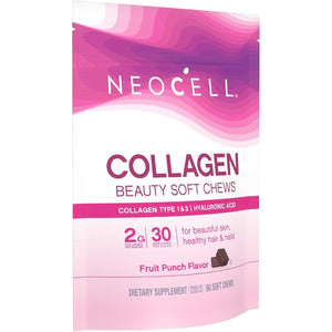 Neocell Collagen Beauty Soft Chews with Vitamin C and Hyaluronic Acid, for Hair, Skin and Nail Health, Fruit Punch, Soft Chews, 60 Count, 1 Bag