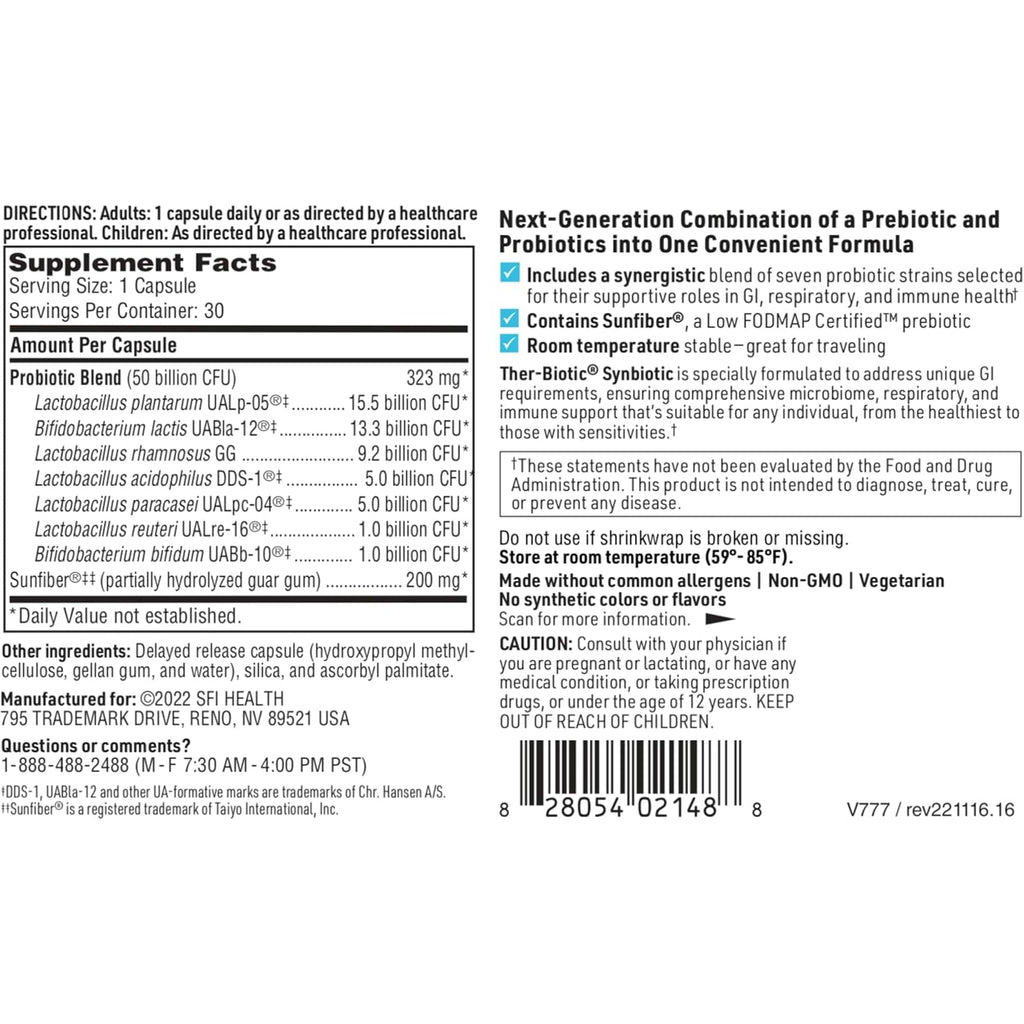 Klaire Labs SFI Health Ther-Biotic Synbiotic - Prebiotics and Probiotics for Women & Men - 50 Billion CFU Probiotic Capsules with Sunfiber - Digestive Health and Immune Support (30 Ct)