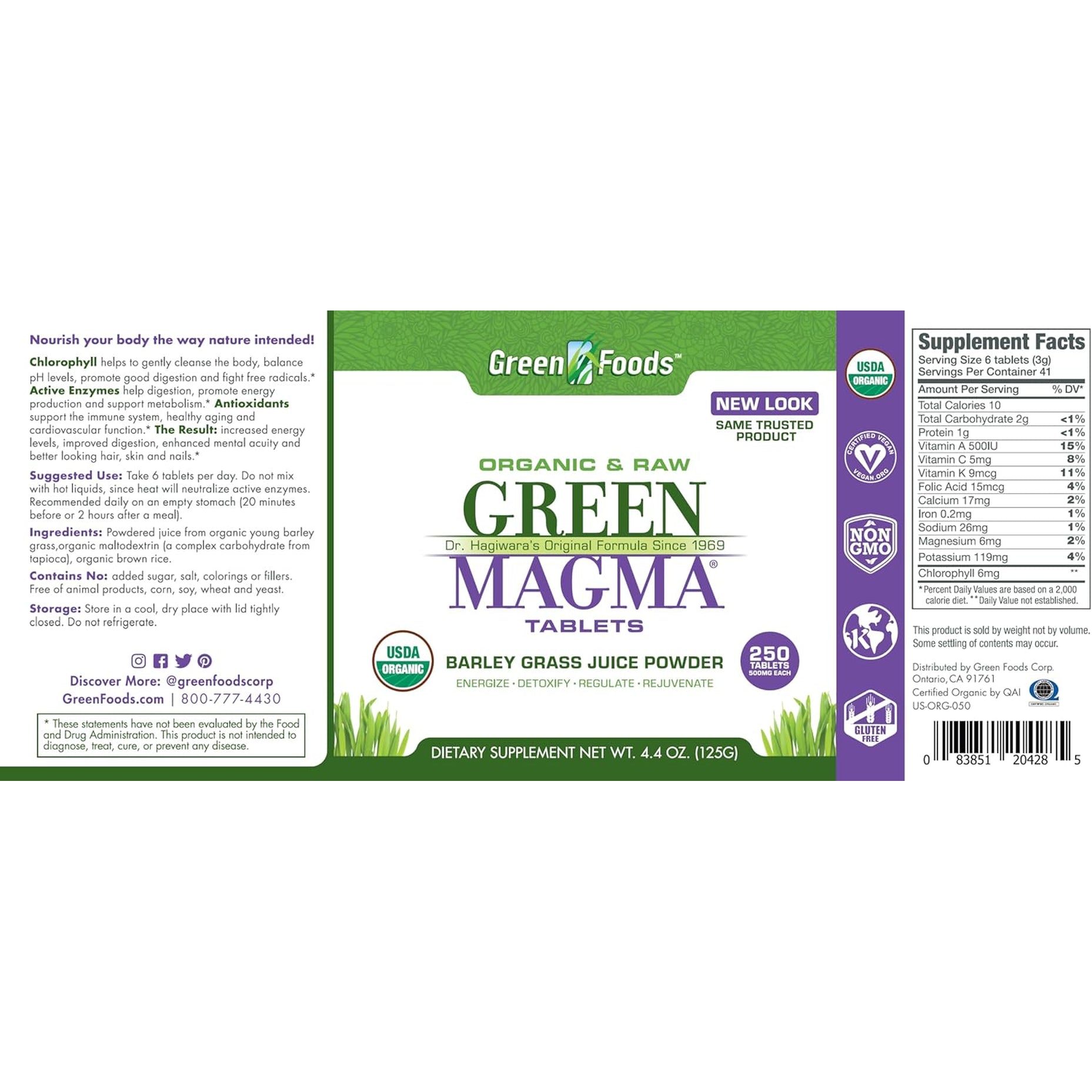 Green Foods Original Green Magma Barley Grass Nutritional Supplement, 250 Tablets (500Mg Ea) Certified Organic